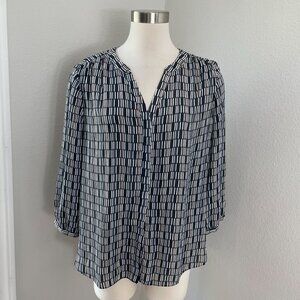 Nydj Womens Medium Geometric Blouse Tunic Top 3/4 Sleeve Shirt Pleated Back
